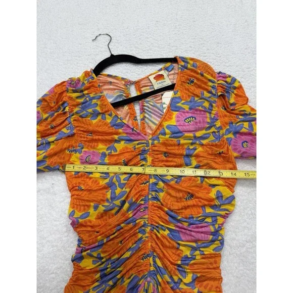 Farm Rio Anthropologie Midi Dress Ruched Orange Floral V Neck Preppy Small NWT